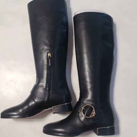 Tory Burch Black & Gold Leather Riding Boots 6.5M - Picture 2 of 8